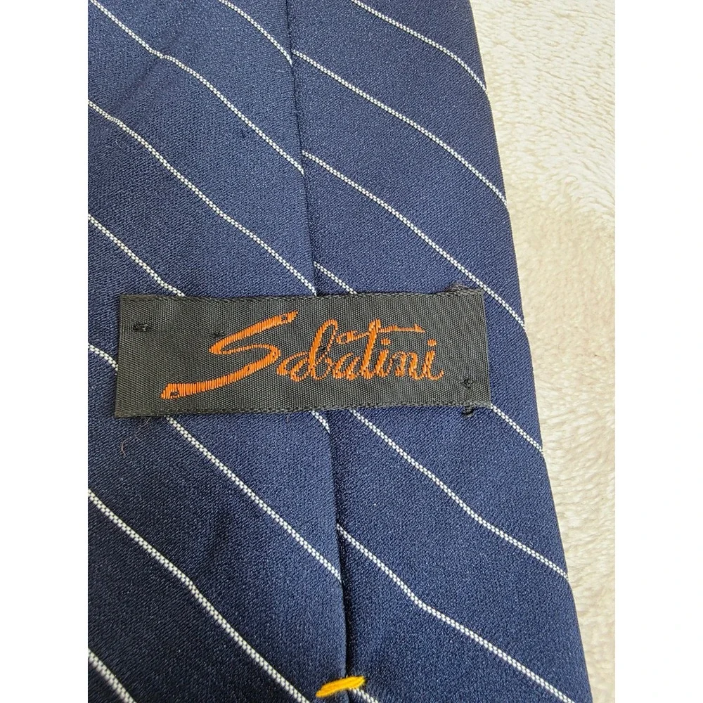 Sabatini‎ Mens Silk Blend Necktie Navy Blue White Diagonal Pinstripe Formal Tie